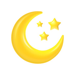 3d crescent. Moon and stars Ramadan concept, abstract islamic decoration element. Yellow half moon with star arabic muslim symbol isolated vector illustration © Foxy Fox
