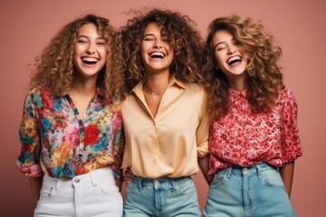 Obraz premium group of portrait female fashion cloth stylish costume colour hair style studio photo shoot on clour background smiling confident cheerful face expression friend group together,ai generate