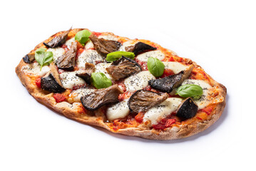 Deliziosa pinsa romana condita con pomodoro, mozzarella e funghi, cibo italiano 