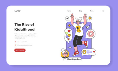 Kidult web banner or landing page. Old woman keeping her childhood