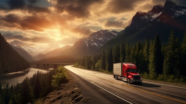  Red semi truck driving on a road with blue sky and clouds