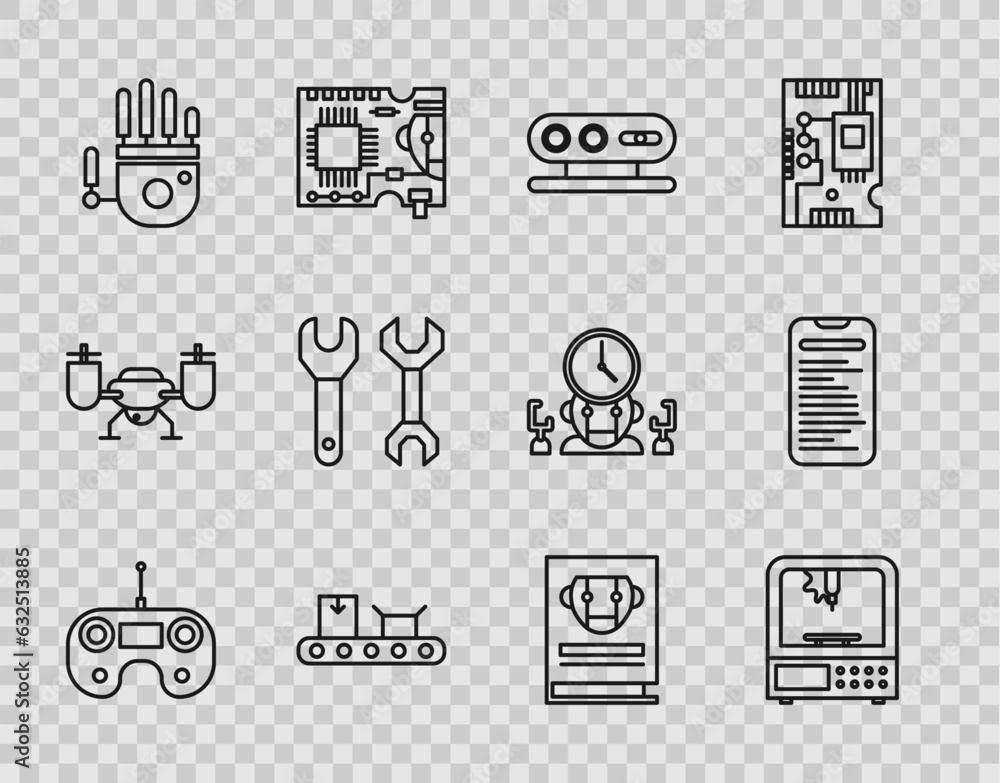 Poster set line remote control, 3d printer, 3d scanning system, conveyor belt with cardboard box, mechanica