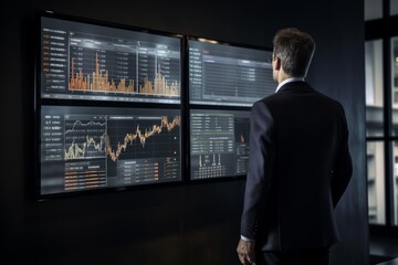 Man is standing. Futuristic corporate displaying compare shares. Beautiful illustration picture. Generative AI