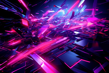Fondo abstracto y futurista, con colores púrpura y rosa neón. Movimientos rápidos y dinamismo.