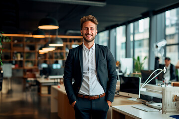 Joven empresario seguro de sí mismo de pie en una oficina moderna sonriendo y mirando a la cámara.