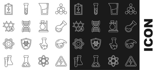 Set line High voltage sign, Test tube and flask chemical, Laboratory glassware or beaker, DNA symbol, Chemical formula, clipboard with checklist and on stand icon. Vector