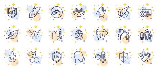 Outline set of Medical mask, Coffee and Cough line icons for web app. Include Corn, Gluten free, Uv protection pictogram icons. Celsius thermometer, Artificial colors. Circles with 3d stars. Vector