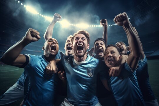 Group of football soccer players celebrating a victory. Beautiful illustration picture. Generative AI