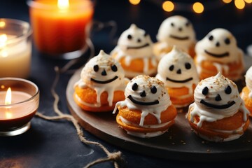 Halloween baking on dark background. Different desserts and small seasonal cakes. Generative AI