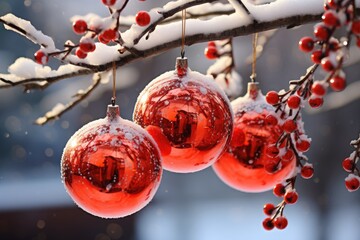Christmas ball hanging on a snowed branch outside. Seasonal decoration. Generative AI