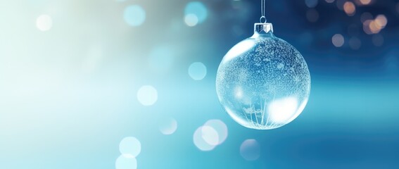 Fototapeta na wymiar Transparent Christmas ball on a blue background with lights. Generative AI