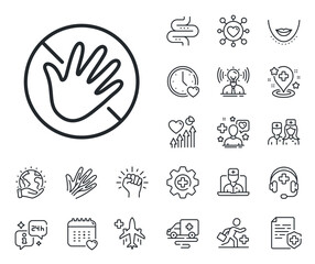 Hygiene rules - No touch with bare hand sign. Online doctor, patient and medicine outline icons. Do not touch hand line icon. For clean hands symbol. Do not touch line sign. Vector