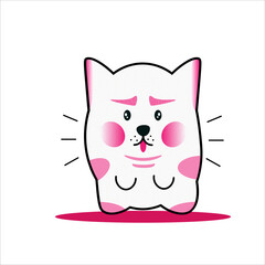 cute cat dog character with dialog box. Drawn hero. rosy cheeks. bright white background, frowning eyebrows