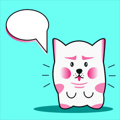 cute cat dog character with dialog box. Drawn hero. rosy cheeks. bright blue background, frowning eyebrows