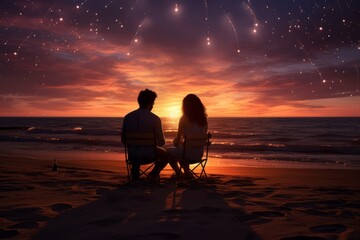 Obraz premium Couple in love are sitting on beach, looking at sunset. Beautiful illustration picture. Generative AI