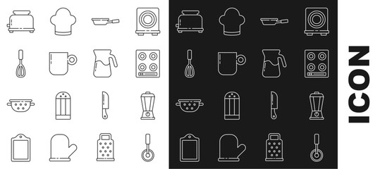 Set line Pizza knife, Blender, Gas stove, Frying pan, Coffee cup, Kitchen whisk, Toaster and Jug glass with water icon. Vector