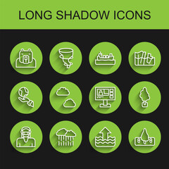 Set line Face in protective mask, Cloud with rain, Polar bear head, Rise water level, Deforestation, Tree and Television report icon. Vector