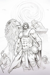 Hercules and lion. Children's coloring book. AI generation..