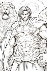 Hercules and lion. Children's coloring book. AI generation..