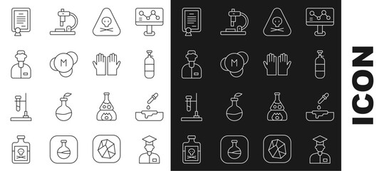 Set line Laboratory assistant, Petri dish with pipette, Propane gas tank, Triangle warning toxic, Molecule, Certificate template and Medical rubber gloves icon. Vector