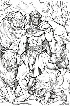 Hercules and lion. Children's coloring book. AI generation..