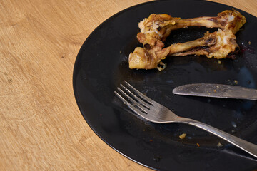 Chicken left over bones on a plate