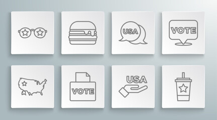 Set line USA map, Burger, Vote box, Independence day, Paper glass with straw, and Glasses stars icon. Vector