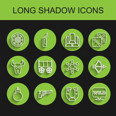 Set line Bomb ready to explode, Revolver gun, Old wooden wheel, Horseshoe, Pointer wild west, Wild covered wagon, Bow and arrow quiver and Hexagram sheriff icon. Vector