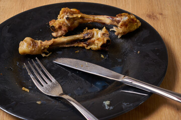 Chicken left over bones on a plate