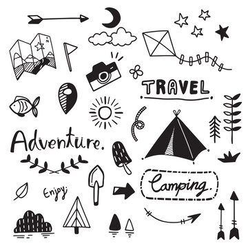 Vector - camping doodle set, outdoor or picnic concept, hand drawing on on white background, outdoor elements.	
