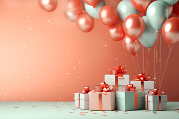 Gift boxes and balloons colorful. Happy birthday concept. celebration background. generative ai.