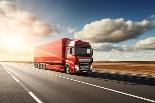 big red trailer truck running on the road with Twilight. generative ai.