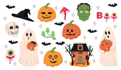 Fototapeta na wymiar Halloween set of elements: ghost, pumpkin, frankenstein, skull and bat. Hand drawn collection. Vector illustration.