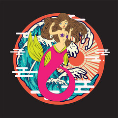 Lovely mermaid with little turtle, vector illustration, children artworks, wallpapers, posters, greeting cards prints. 