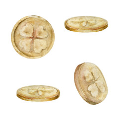 Watercolor hand drawn illustration, Saint Patrick holiday. Leprechaun gold coins money treasure. Ireland tradition. Single element Isolated on white background. For invitations, print, website, cards.