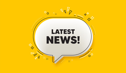 Latest news tag. 3d speech bubble yellow banner. Media newspaper sign. Daily information symbol. Latest news chat speech bubble message. Talk box infographics. Vector