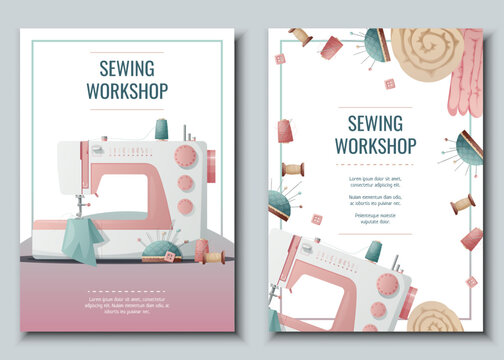 Flyer design set with sewing machine and sewing supplies. Light industry. Needlework, hobby, sewing. Poster banner for sewing shop, workshop, atelier.