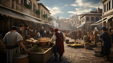 Representation of the streets of classical Rome. Antique market.