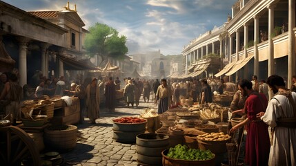 Representation of the streets of classical Rome. Antique market.