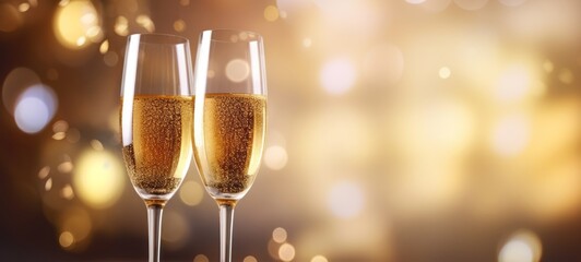 2025 Happy New Year, New Year's Eve, Christmas, celebration party event holiday greeting Card - Closeup of sparkling wine or champagne glasses and bokeh lights (Generative Ai).