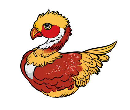 Red and yellow colorful logo, minimalistic illustration with the image of a chicken, T-shirt design, concise and stylish sticker for printing