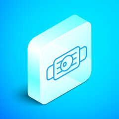 Isometric line Medical protective mask icon isolated on blue background. Silver square button. Vector