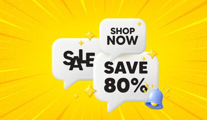 Save 80 percent off tag. 3d offer chat speech bubbles. Sale Discount offer price sign. Special offer symbol. Discount speech bubble 3d message. Talk box banner with bell. Vector
