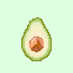 pixel art Avocado 8 bit retro style. Smiling cute just vegetable. Vector illustrations for game assets, sprite and cross stitch. Sketch. Green avocado in the section, the stone is visible