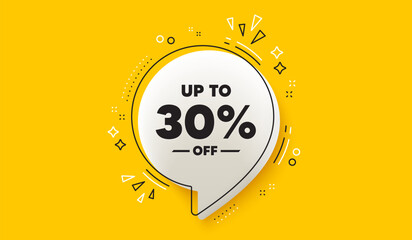 Up to 30 percent off sale. 3d speech bubble yellow banner. Discount offer price sign. Special offer symbol. Save 30 percentages. Discount tag chat speech bubble message. Talk box infographics. Vector