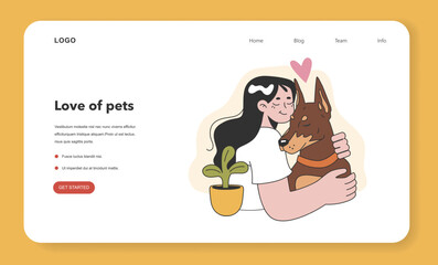 Character with a dog web banner or landing page. Happy woman and puppy