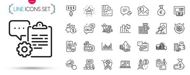 Pack of Money bag, Statistic and Cash back line icons. Include Auction, Cyber attack, Decreasing graph pictogram icons. Graph chart, Bitcoin project, Vip star signs. Cashback, Inflation. Vector