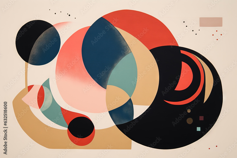 Poster Abstract background in the style of expressionism, modern and Bauhaus. Artistic abstraction with colorful circles and lines. Generative AI.