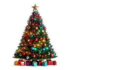 Christmas Tree decorated with shiny glitter, balls, star and lights. Cutout isolated on a white background with copy space.