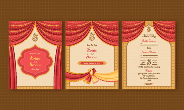 Indian Wedding Invitation Card Templates with Red Curtains.